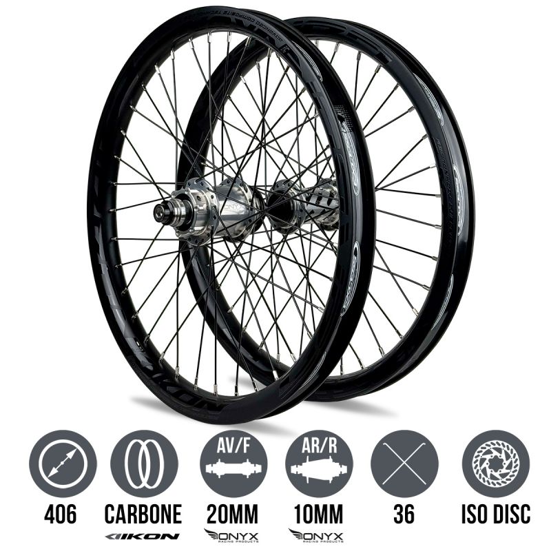 Roues IKON Carbon 406 Noir-Noir - ONYX Helix 20 - Ultra ISO 10 Argent